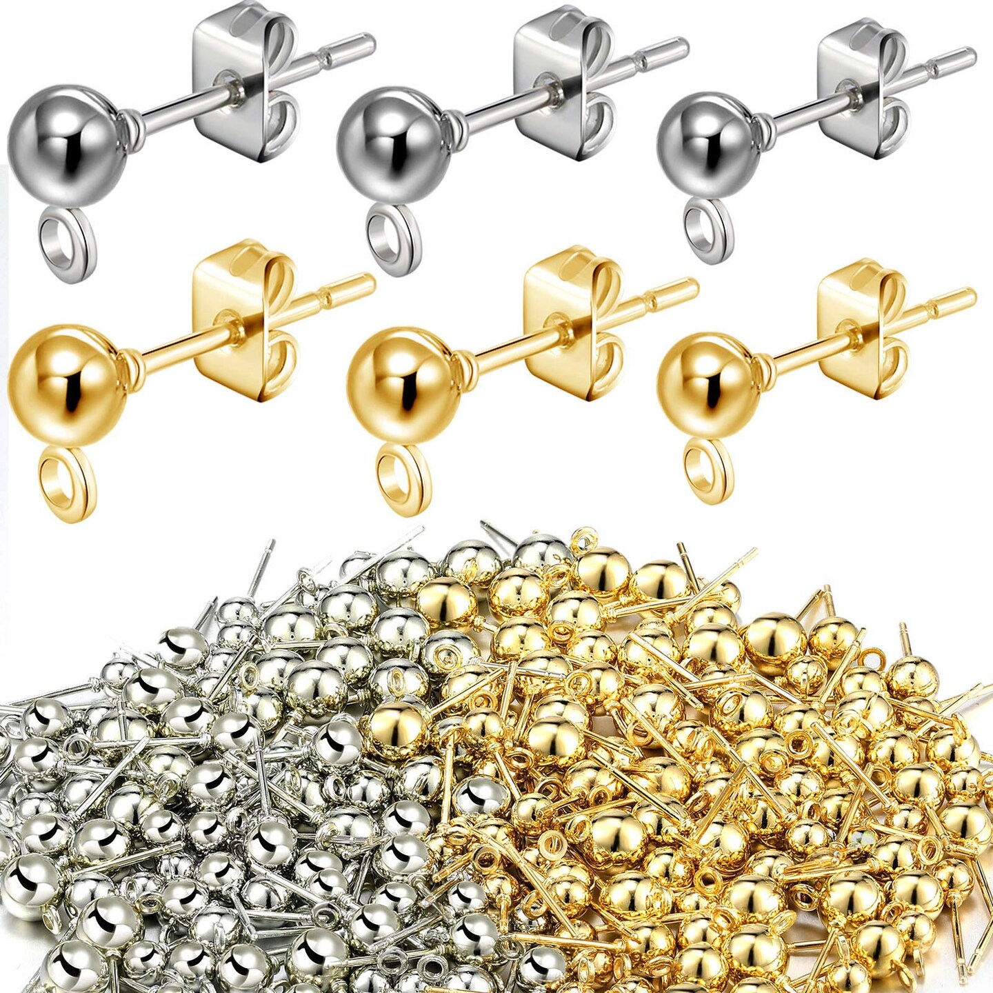 180 PCS Ball Post Earring Stud with 200 Pieces Butterfly Ear Back Earrings with Loop for DIY Jewelry Making Findings, 4 mm 5 mm 6 mm (Silver, Gold)