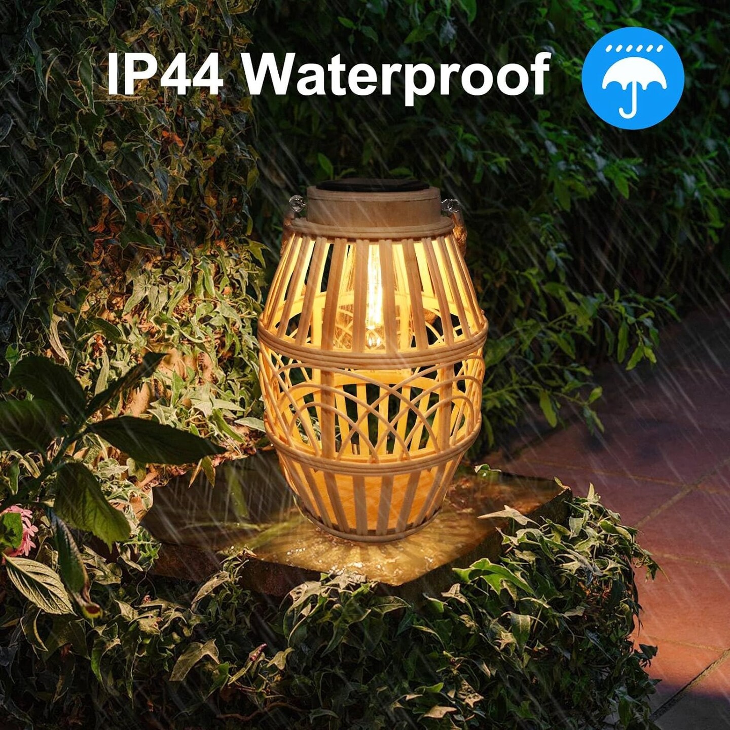 Rattan Natural Outdoor Solar Lantern with Handle for Patio, Yard, Garden, Wedding, and Home Decoration; Edison Bulb, Auto On/Off (Style 3)