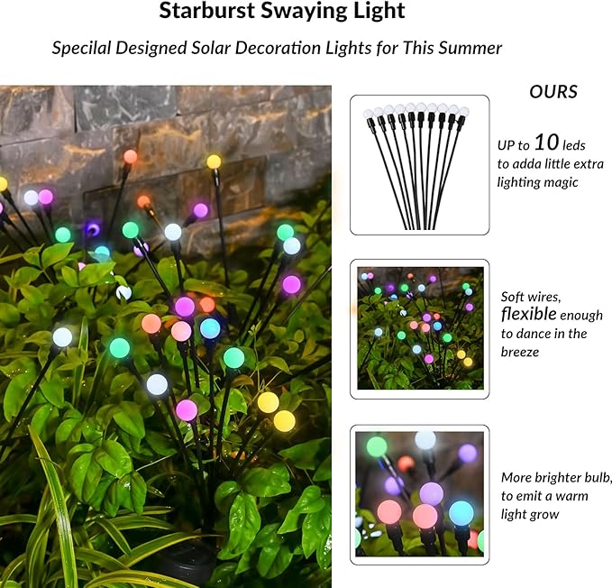 Solar Firefly Lights, 20 LED Solar Garden Lights Starburst Swaying Light, Swaying When Wind Blows, Solar Swaying Light for Yard Patio Backyard Garden Planter Pathway Outdoor Decoration Multicolor