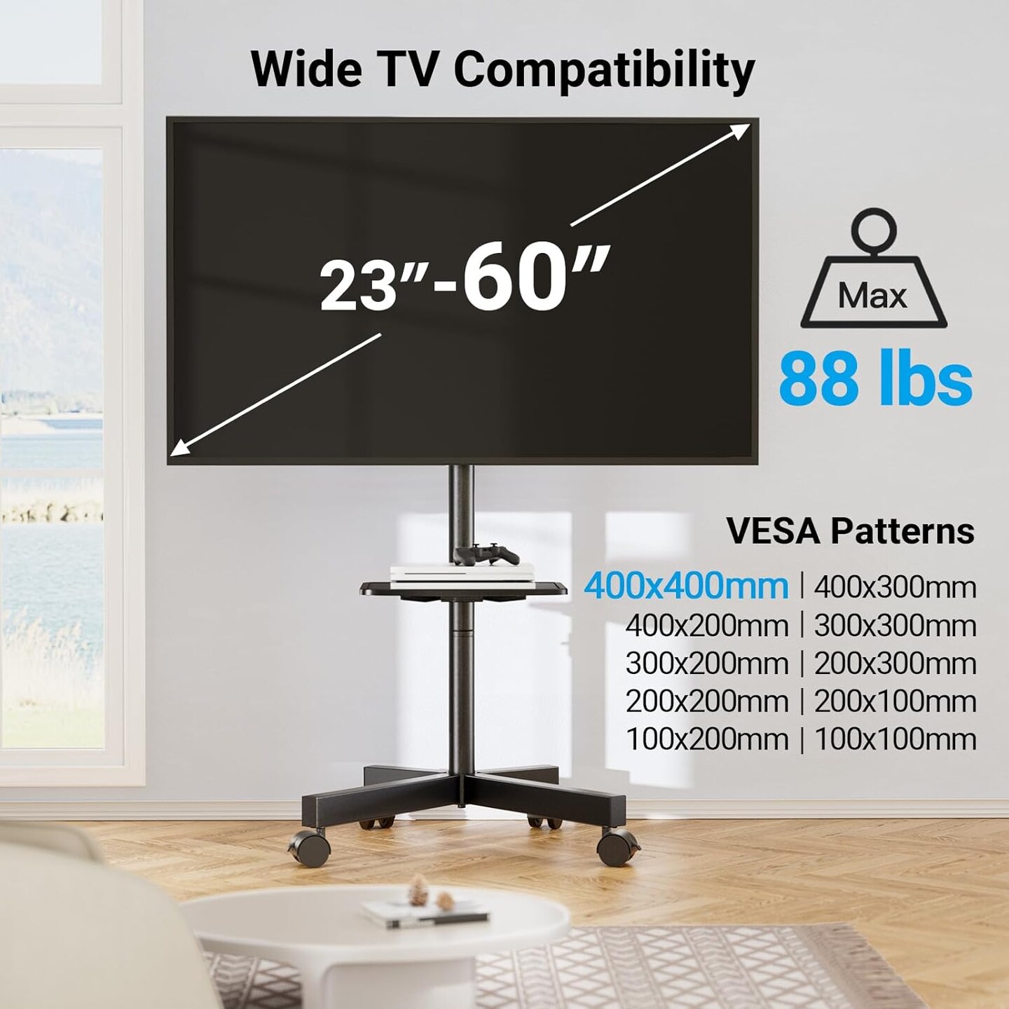 Mobile TV Stand for 23-60 Inch LCD LED Flat/Curved Panel Screen TVs, Tilt TV Cart Holds up to 88Lbs Portable Stand with Laptop Shelf Rolling Floor Max VESA 400x400mm