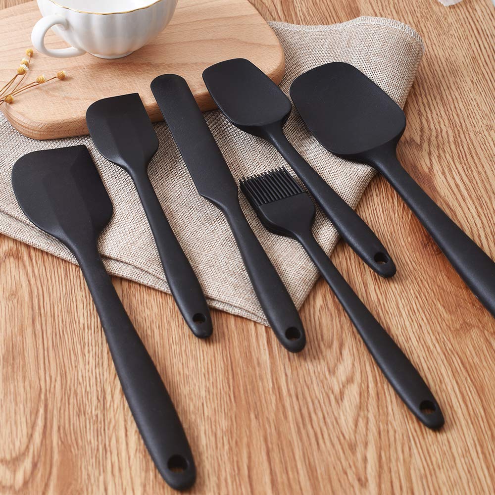 6 Piece Set with One Piece Design, Nonstick Rubber Spatula Kitchen with Stainless Steel Core for Cooking, Baking, and Mixing - Black