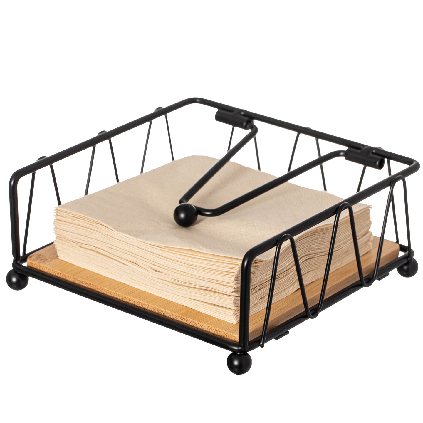 Flat Metal Square Napkin Holder with Weighted Arm and a Wooden Tray Perfect for Adorning Dining Table, Kitchen Countertop and Napkin Holder for Bathroom also Good for Outdoor Table at Restaurant
