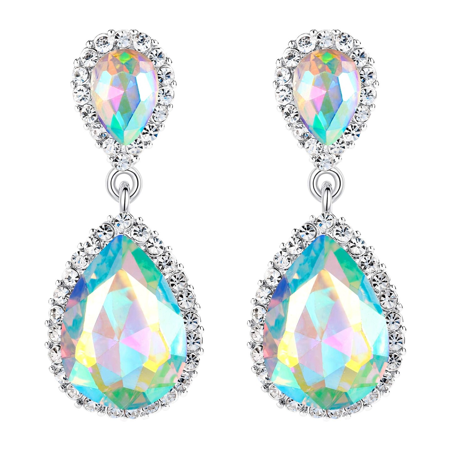 Women&#x27;s Austrian Crystal Wedding Tear Drop Dangle Earrings Iridescent AB Silver-Tone