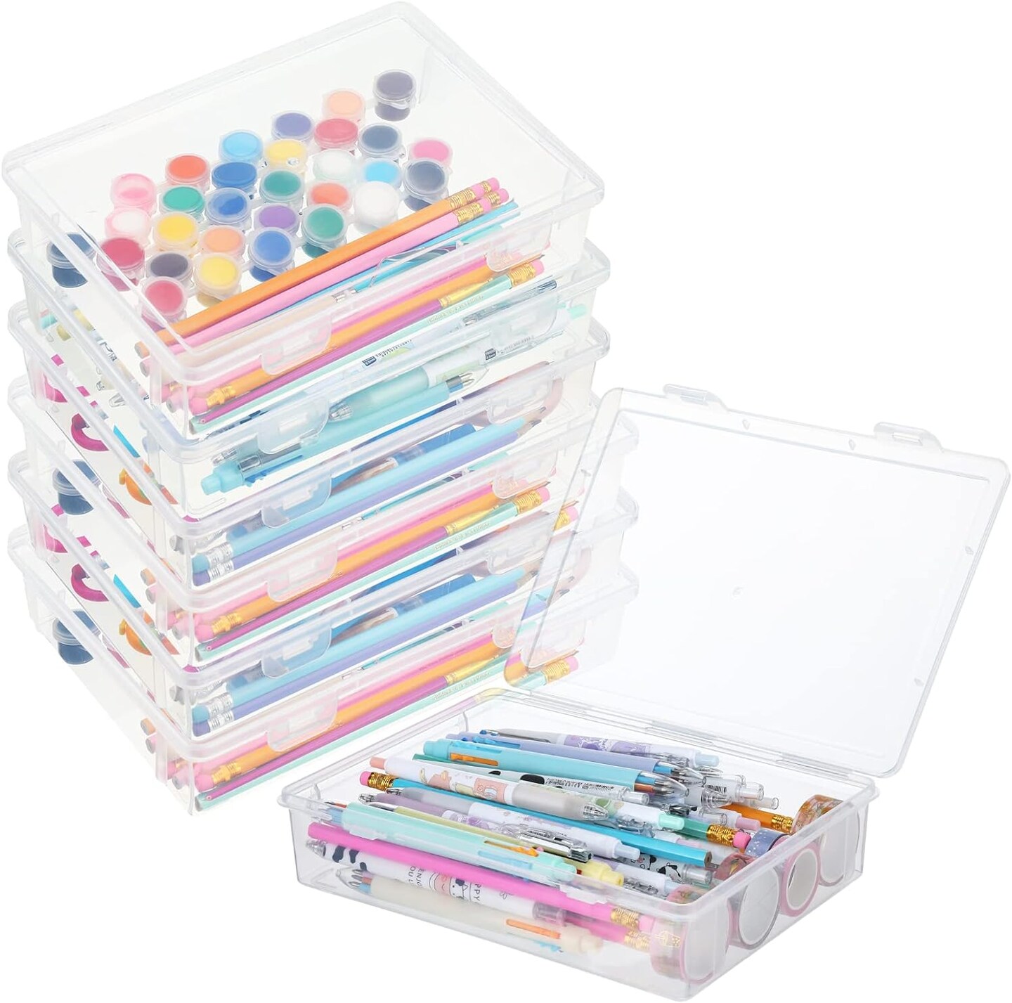 6 Pcs 7'' x 9'' x 2'' Plastic Storage Box with Lid Multipurpose Craft Organizers Plastic Containers Clear Pencil Case Art Satchel Storage Case for Beads Ornaments Crafts Accessories