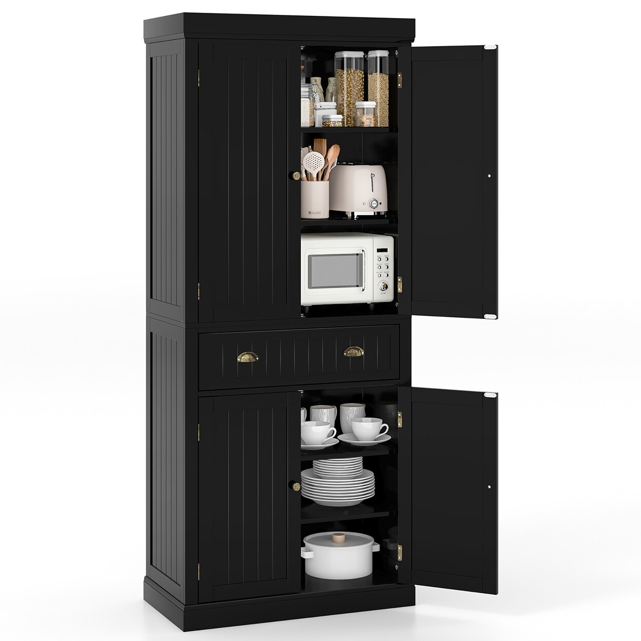 72 Kitchen Pantry Storage Cabinet Tall Freestanding Cupboard W/ 4 Doors Large Drawer Black