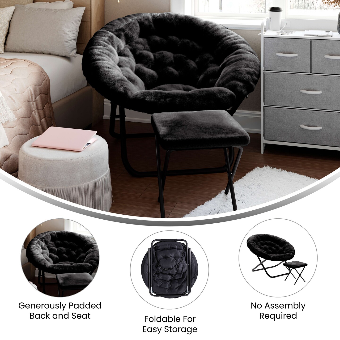 Emma and Oliver Ersa Oversize Folding Saucer Moon Chair and Ottoman for Dorm and Bedroom with Steel Frames