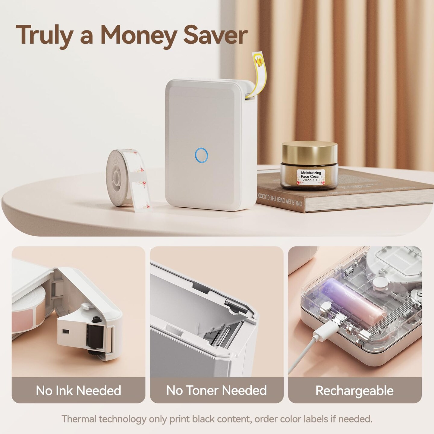 Label Maker Machine with Tape, Small Thermal Sticker Printer with 0.59''x1.18'' Labels, Portable Bluetooth Connection, Monochrome