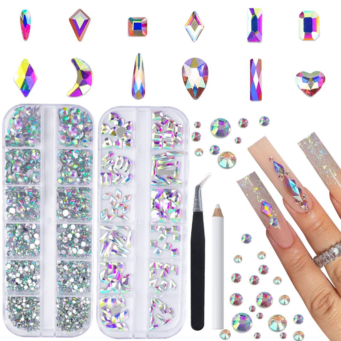 1820 Pieces Rhinestones Nail Gems, 12 Styles 3D Glass Crystals Charms Shiny Multi Shape Flatback Nail Rhinestones for Nail Art with Picker and Tweezers for DIY Nail Art
