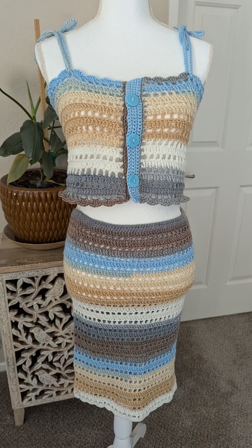 product name is Made to Order - Sandy Shore Crochet Top-Skirt Set