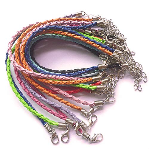 50 Pieces Mixed Color Leather Lace Plaited Bracelet Cords DIY Jewelry Making Handicrafts Braided Ropes with Lobster Clasps Extended Chain for Wrist Charms Bracelets Jewelry Making