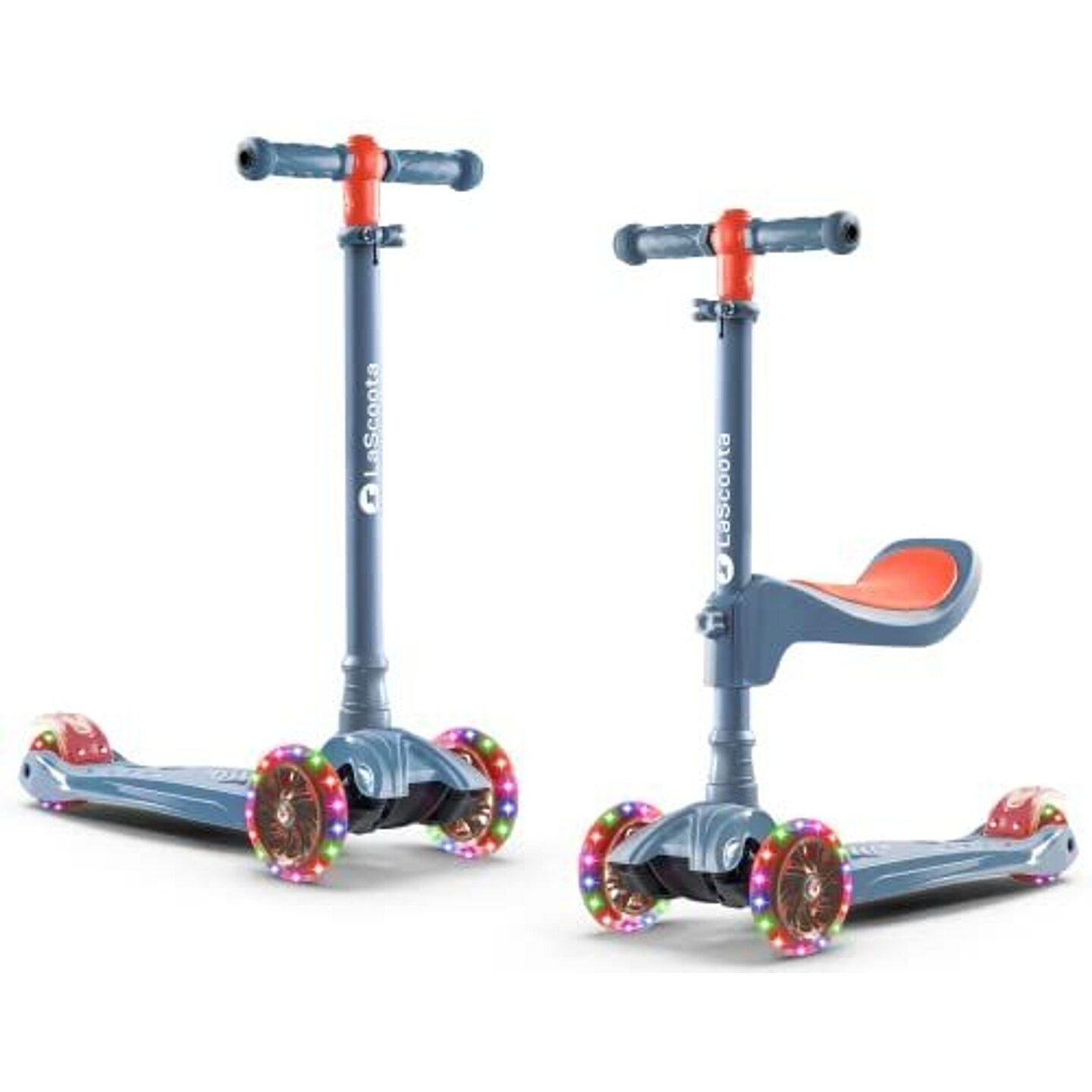 LaScoota 2-in-1 Kids Kick Scooter, Adjustable Height Handlebars and Removable Seat, 3 LED Lighted Wheels and Anti-Slip Deck, for Boys &#x26; Girls Aged 3-12 and up to 100 lbs, Sit and Scoot Fun