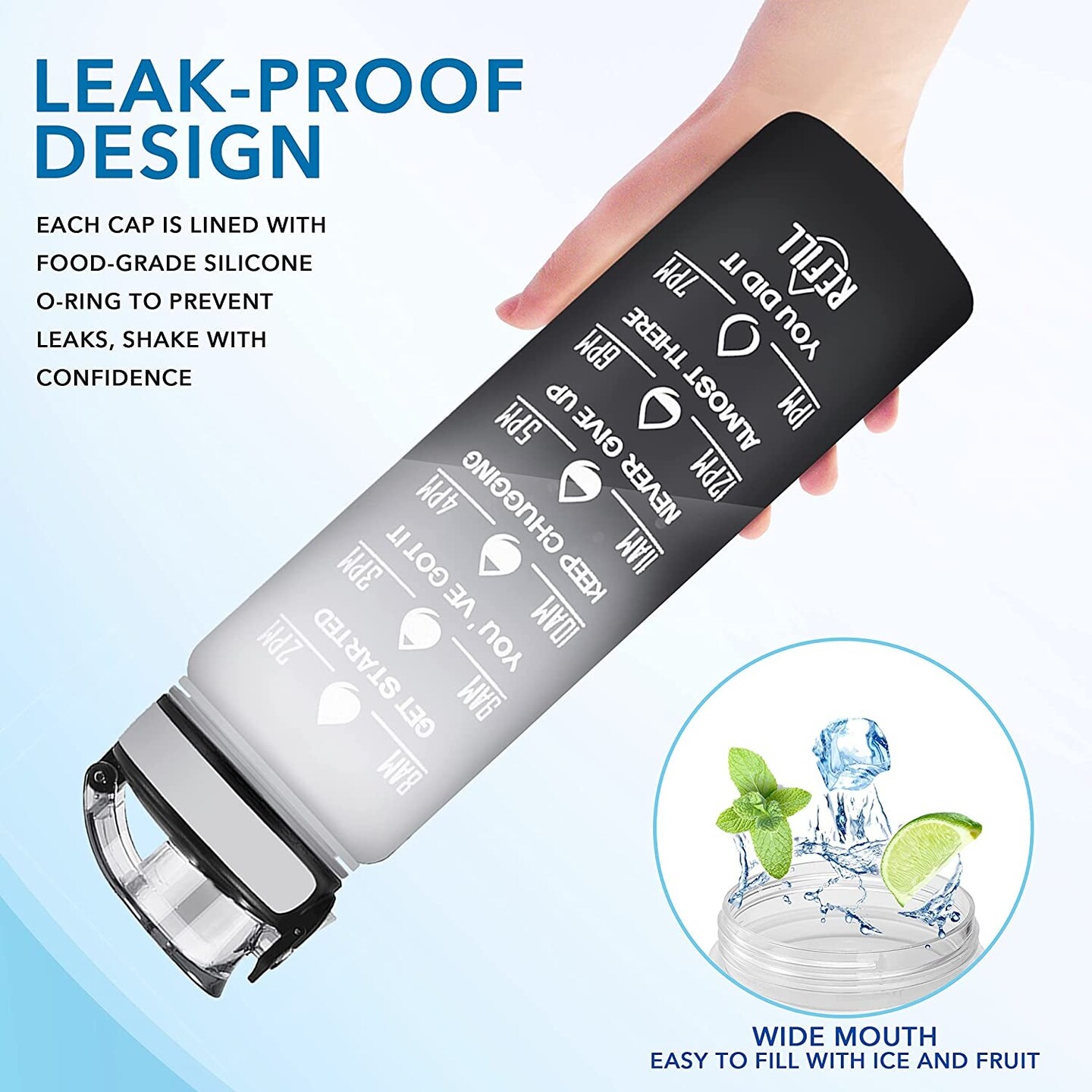 32 Oz Water Bottle, Leakproof BPA &#x26; Toxic Free, Motivational Water Bottle with Times to Drink and Straw, Fitness Sports Water Bottle with Strap for Office, Gym, Outdoor Sports, Gray-Black