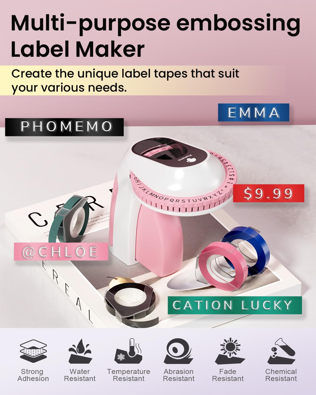 Embossing Label Maker Machine with 6 Tapes, 3D Vintage Embossed Label Maker Writer, Handheld Old School Label Maker with 6 Rolls Embossing Tapes for Office Home Organization and DIY -Pink