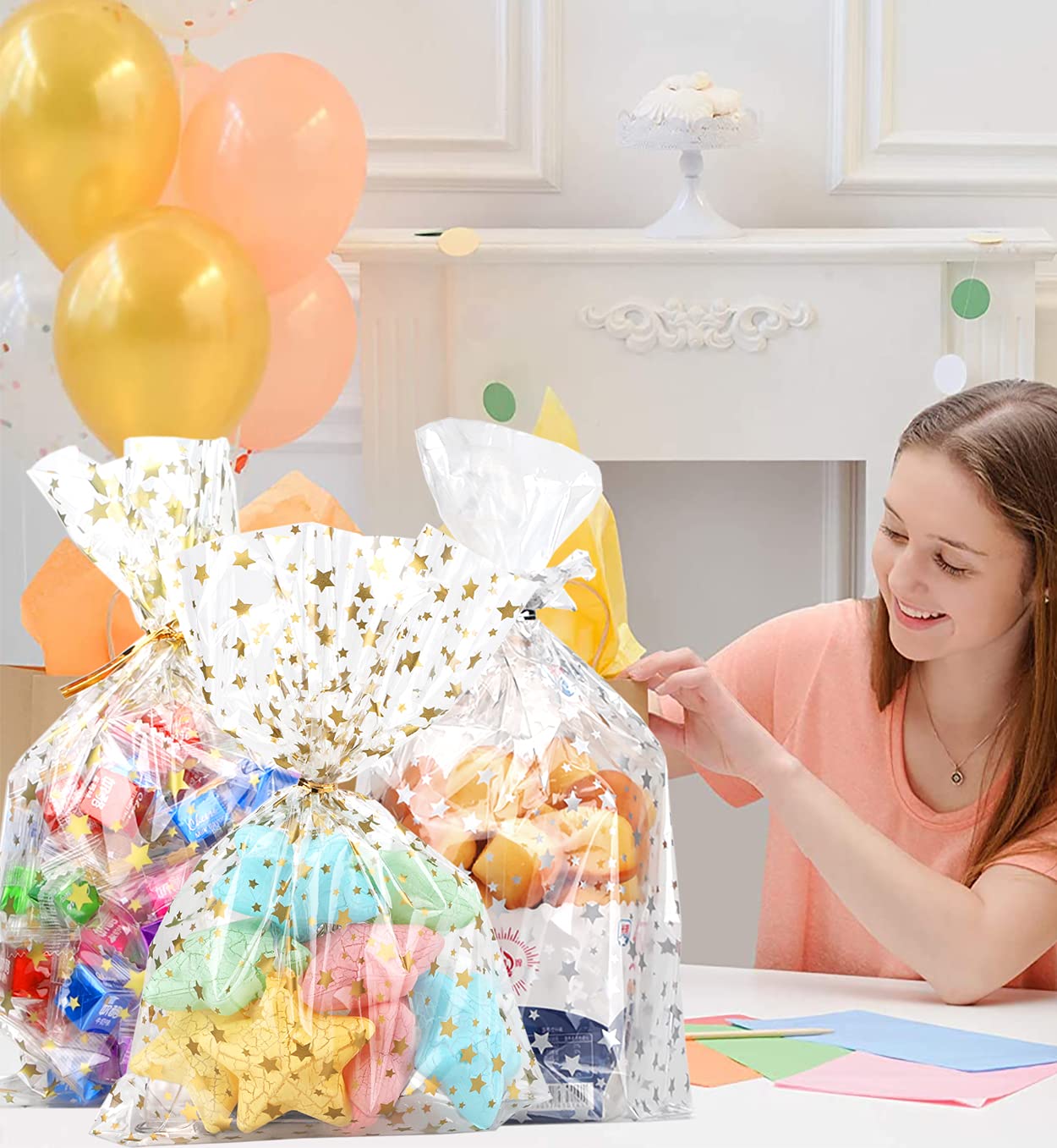 100 Pieces Star Printed 5&#x22;X 7&#x22; Gift Wrap Cello Cellophane Treat Bags Party Favor bags Clear Candy Cookie Bags Plastic Poly Goodie Storage Bags with Twist Ties for Bakery,Birthday, Wedding,Party