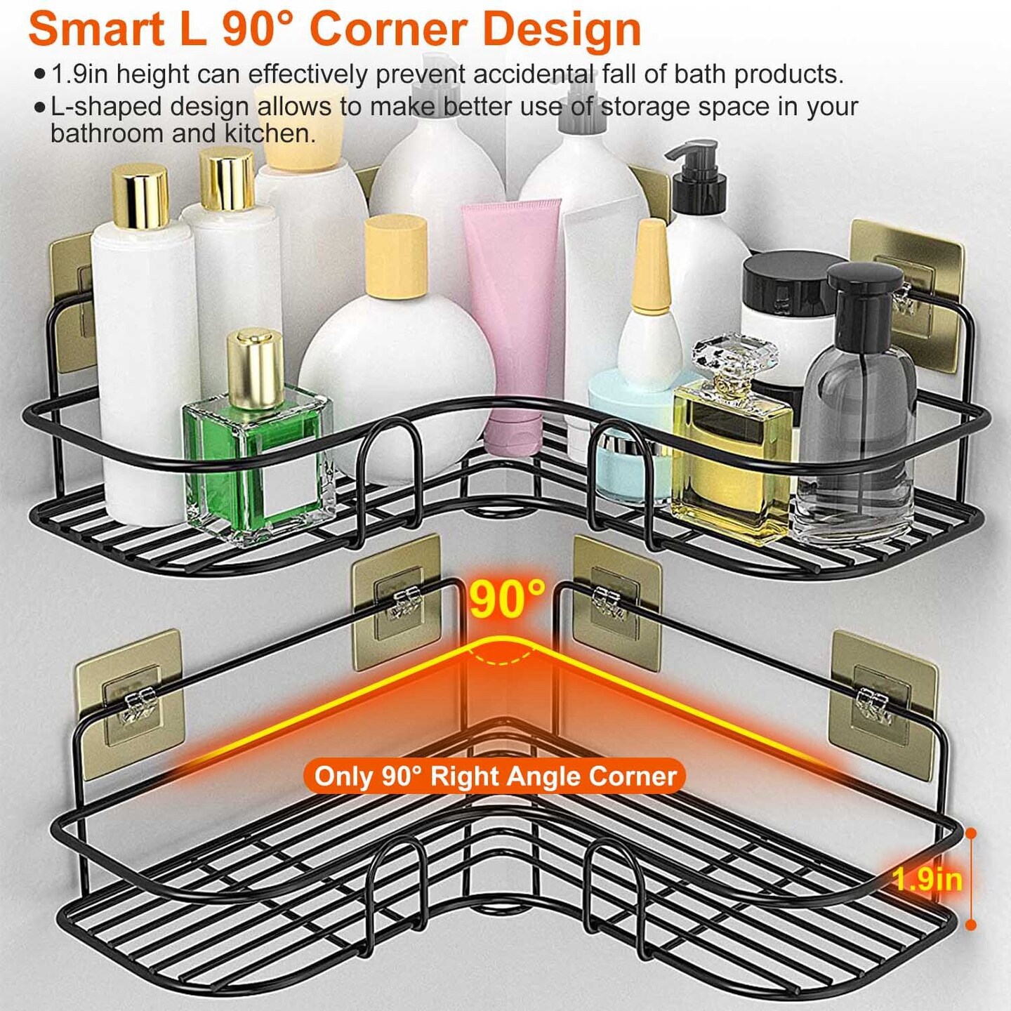 2Pcs Corner Shower Caddy Shelves Wall Mounted Basket Rack Bathroom Shampoo Holder Storage Organizer