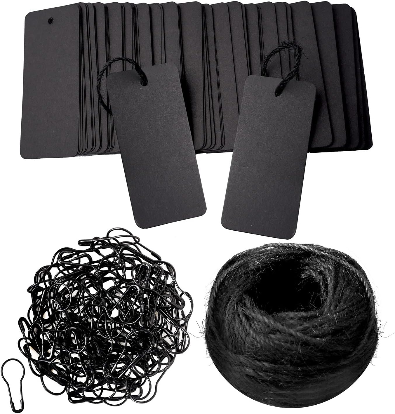 100 pcs Gift Tags with String, Black Christmas Stocking Tags Blank Marking Tags with Safety Pins,Name Tags for Gift Bags Label Clothes Arts and Crafts (Black)