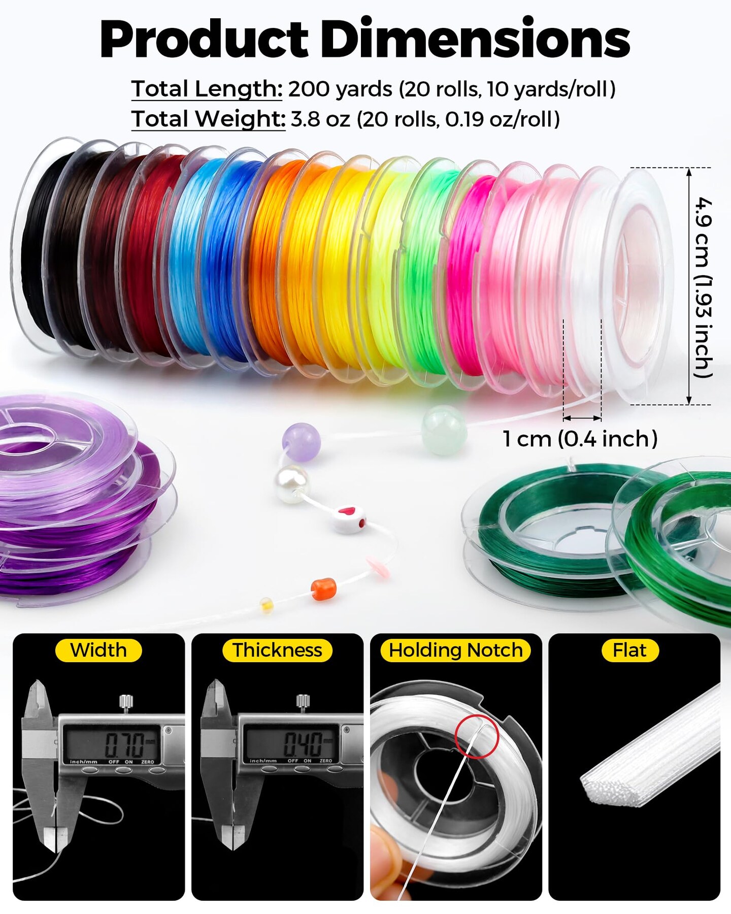 20 Roll FIVEIZERO 0.7mm Flat Elastic Bracelet String Cord, 20 Color High Stretch Beading Elastic String for Bracelets Necklace Jewelry Making, Stretchy Thread Cord for Clay Beads, Crystal & Pony Beads