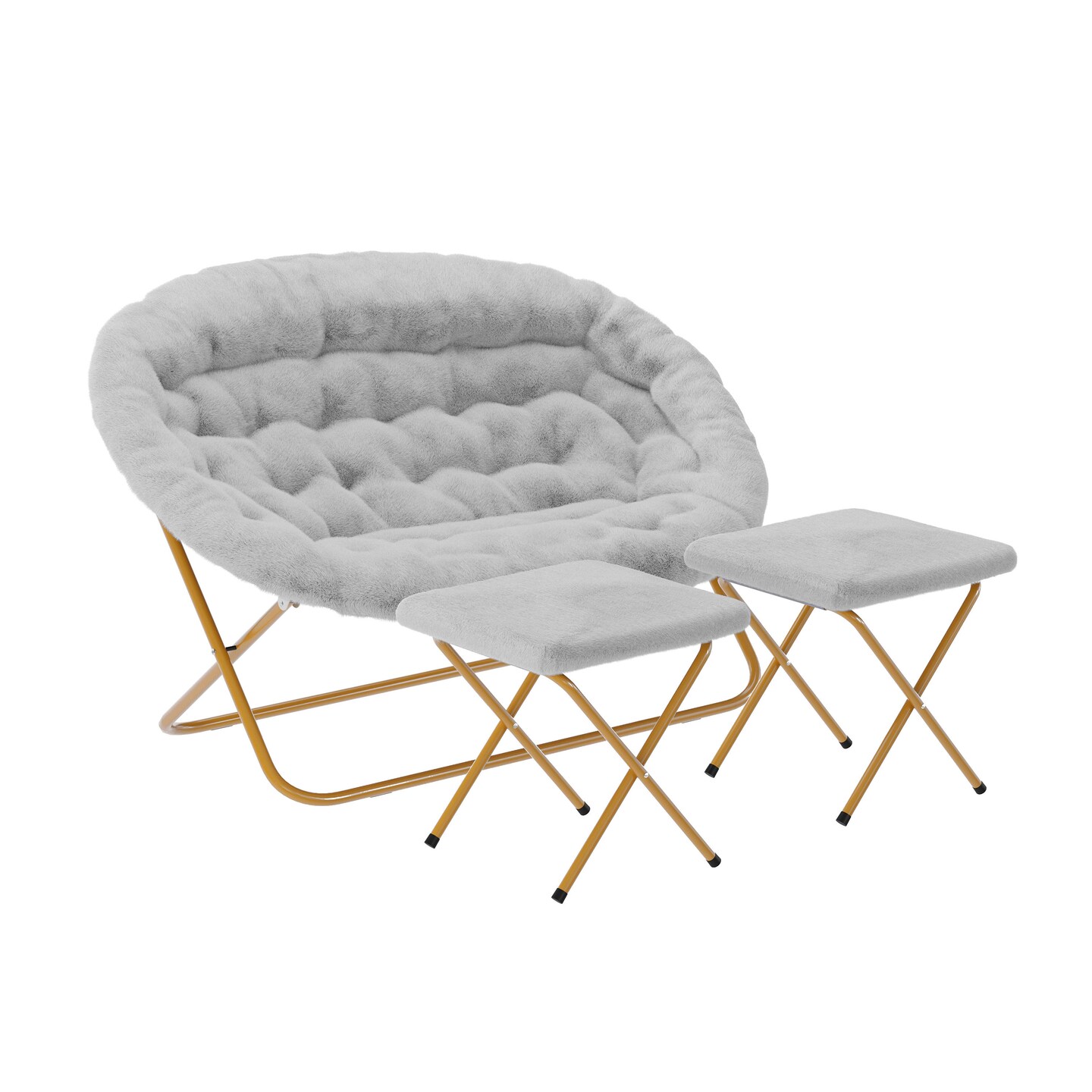 Emma and Oliver Janey Folding Double Saucer Chair with 2 Ottomans and Steel Frame for Dorm or Bedroom