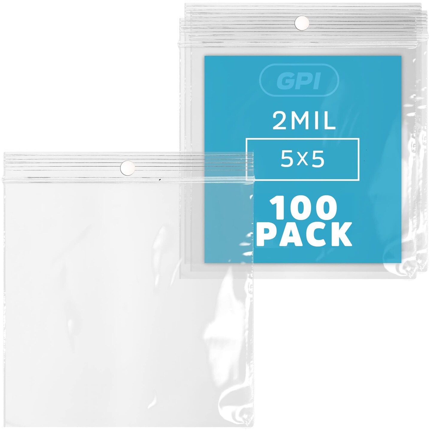 5" x 5" - Bulk Pack 100, 2 Mil Thick, Clear Plastic Reclosable Zip Bags, Hang Hole for Display, Durable Poly Baggies with Resealable Zip Top Lock for Storage, Packaging & Shipping