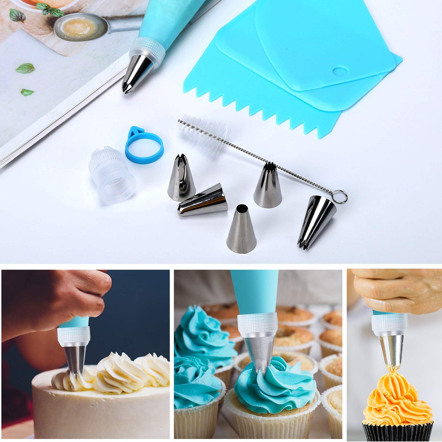 34 Pieces Piping Bags and Tips Set, Bake Cake Decorating Kit with 24 Stainless Steel Tips, 2 Reusable Silicone Pastry Bags, 3 Icing Smoother, 2 Couplers, 2 Frosting Bags Ties and 1Pipe Brush