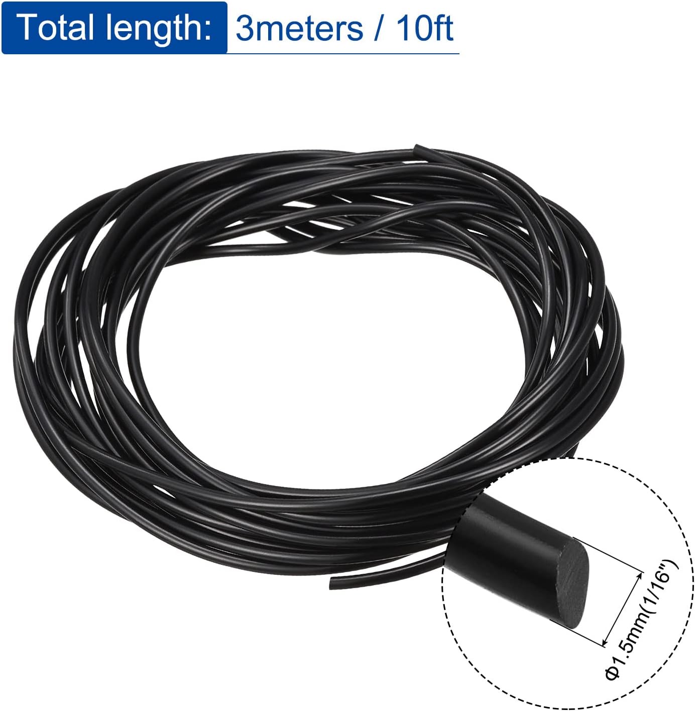 Solid Rubber Cord Tubing 10ft 1.5mm Dia Black Rubber Tube for DIY Craft Beading Necklaces Bracelet