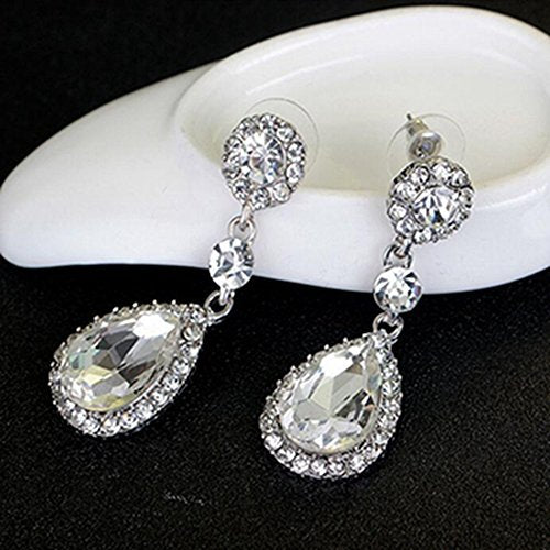 Austrian Cut Crystal Rhinestone Pierced Wedding Bridal Teardrop Drop Dangle Earrings (pierced-white)