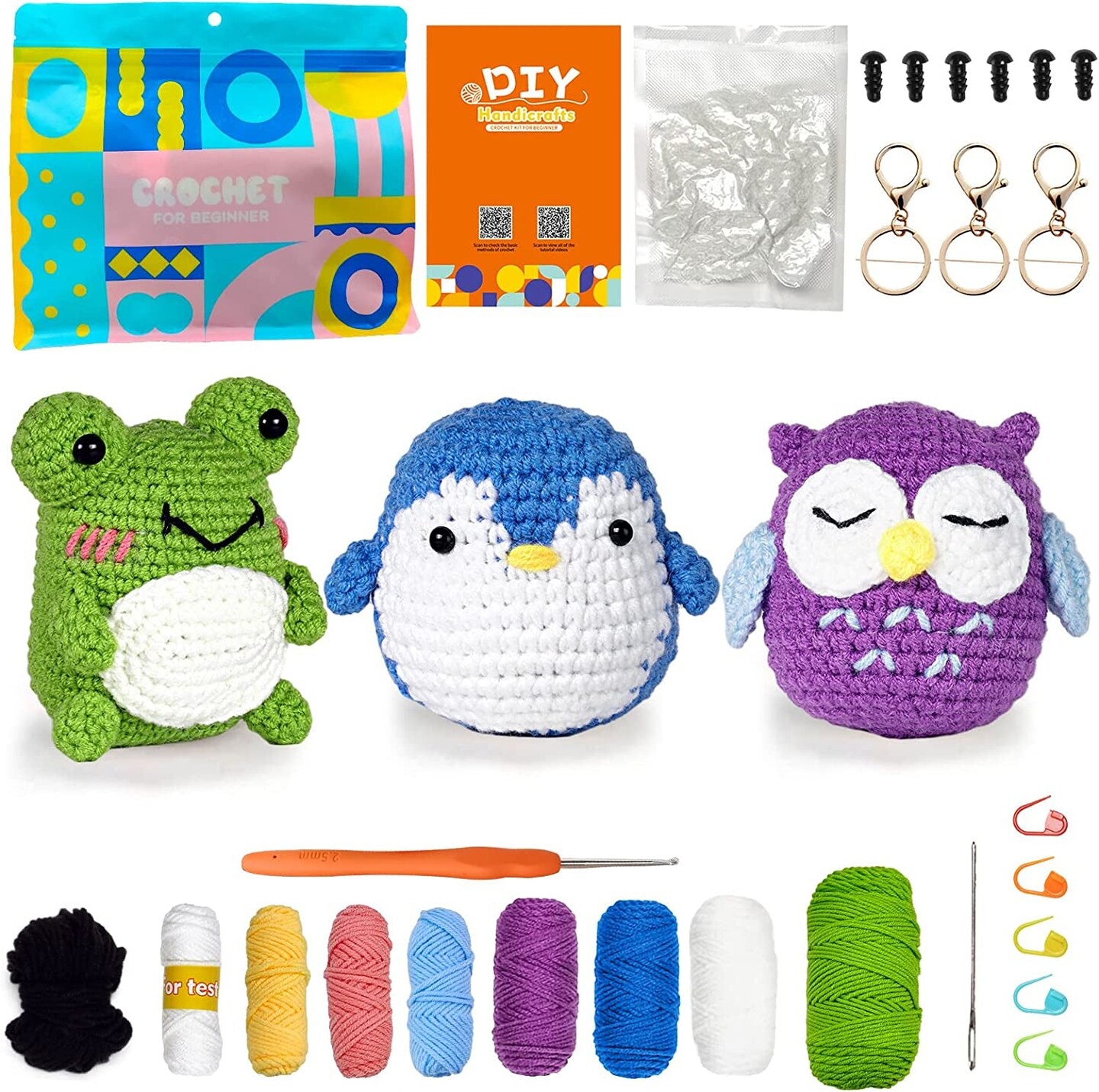 Crochet Kit for Beginners, 3 Pattern Animals-Owl, Penguin, Frog, Knitting Kit for Adult Kids with Step-By-Step Video Tutorials and Yarns, Hook, Accessories