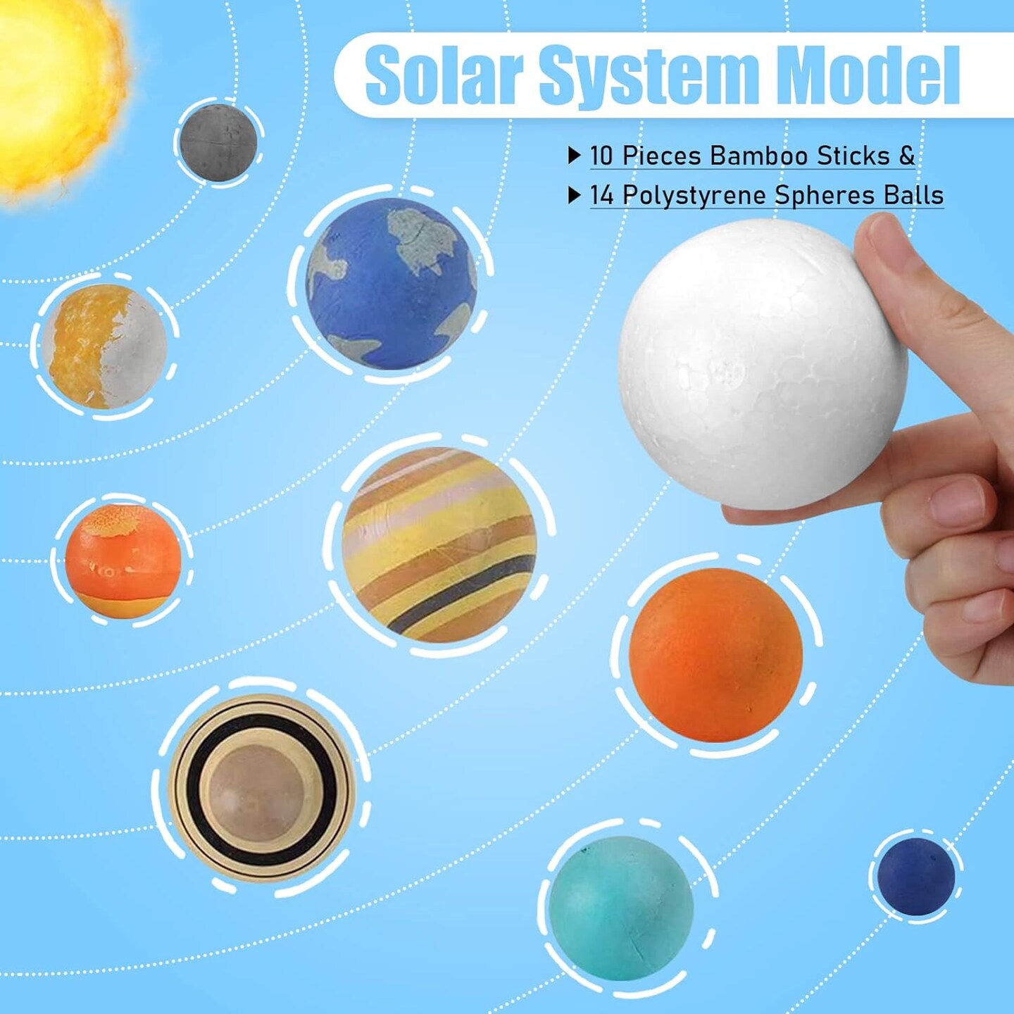 Solar System Project Kit, Planet Model Crafts Includes 14 Mixed Sized Polystyrene Spheres Balls and 10 Pieces 24 cm Long Bamboo Sticks for School Science Projects