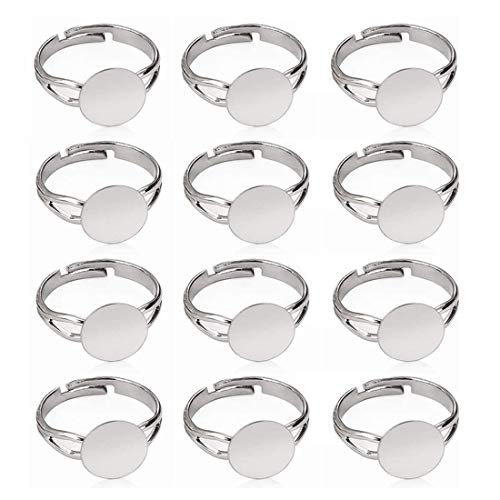 40 Pieces Findings Assortments Blank Rings- Silver Plated Adjustable Flat 12mm Ring Base Blank Jewelry Findings