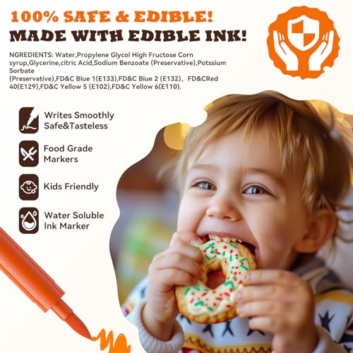 12 Pieces Edible Markers for Cookie Decorating, Food Coloring Pens, Double Side Food Grade Pens with Fine &#x26; Thick Tip for Decorating Fondant, Cakes, Cookies, Easter Eggs, Frosting, Macaron