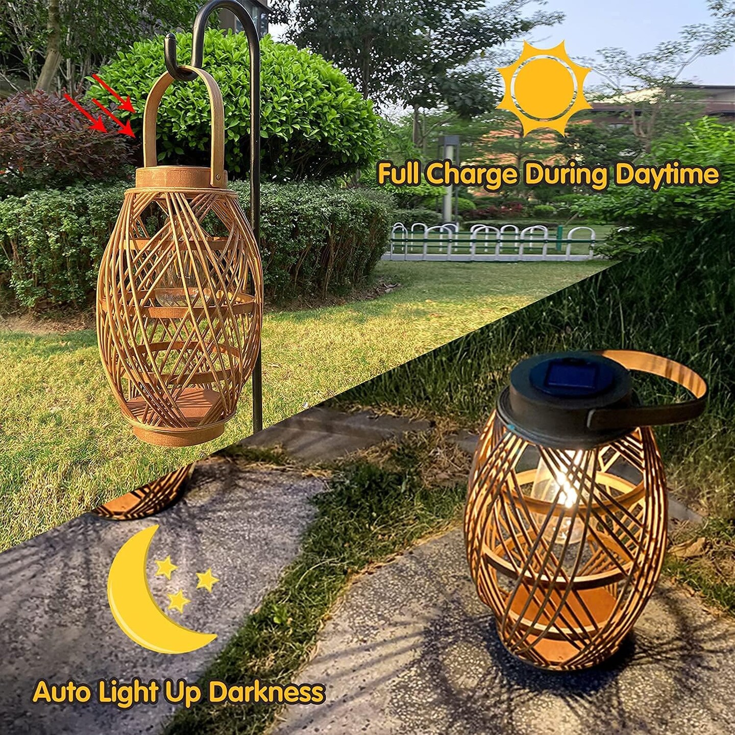 Edison bulb, auto on/off, style 2: Outdoor Solar Lanterns with Rattan Bamboo Lamp with Handle for Hanging or Table Lamp for Patio Yard Garden Wedding Home Decoration