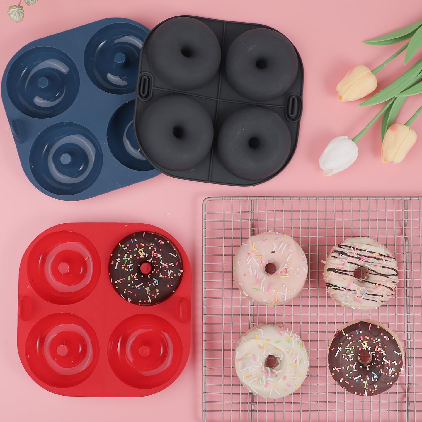 3 Pieces Silicone Air Fryer Donut Pan for Baking, 4-Cavity Donut Pans Nonstick Donut Mold, BPA-Free, Dishwasher Safe