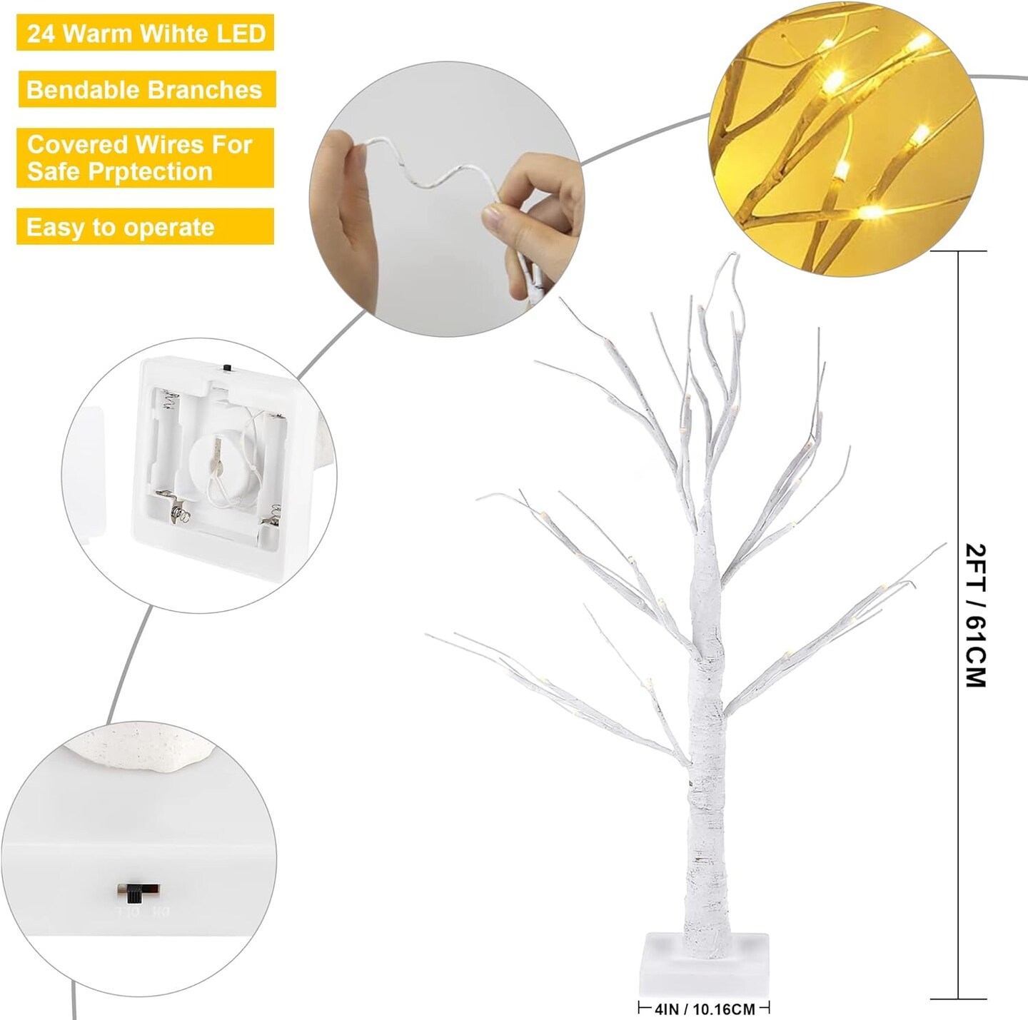 24&#x22; Pre-lit Christmas White Birch Tree with 24 LED Lights Battery Operated Table Centerpiece for Christmas Decorations. Spring Decoration for Indoor Use