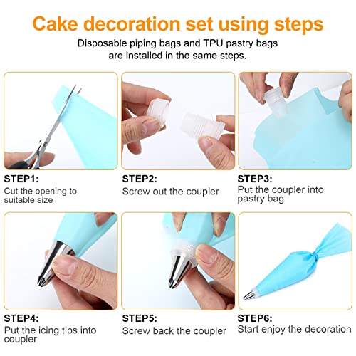 110 Pieces Piping Bags and Tips Set, Cake Decorating Kit with 100 Disposable Pastry bags, 1 Reusable Silicone Piping Bag, 6 Stainless Steel Piping Tips, 1 Coupler, 2 Frosting Bags Ties