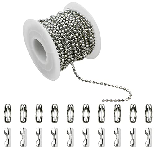 32.8 FT Stainless Steel Ball Beaded Chain Necklace Chains for Making Jewelry with 20 Pieces Matching Connectors Silver Color Metal Pull Chain Roll Spool Ball for Dog Tag DIY (2.4mm in Diameter)