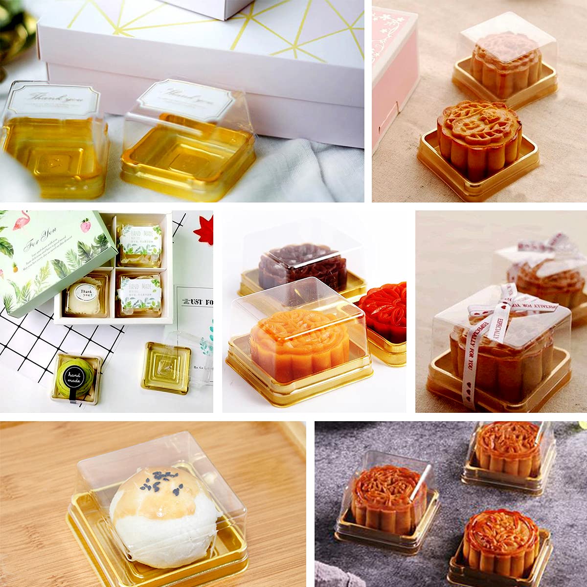 100 Pieces 2.24"L x 2.24"W x 1.57"H Clear Plastic Mini Cupcake Boxes Muffin Pod Dome Muffin Single Container Box Wedding Birthday Gifts Supplies for Cheese Pastry Dessert Mooncake (square, gold)
