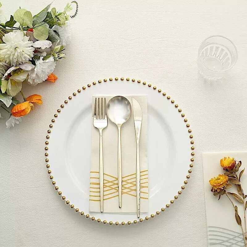 WHITE GOLD 10 Round 10" Plastic Salad PLATES Beaded Rim Party Events Decorations