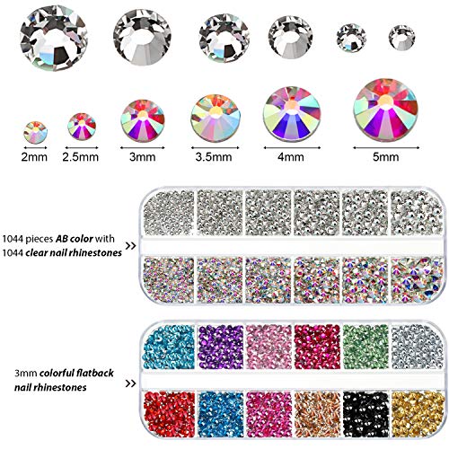 4488 Pieces Nail Art Rhinestones Crystal Flatback Rhinestones with Rhinestone Picker Pick Up Tweezers for Nails Art Clothes Shoes Bags Decoration (Colorful, AB Color and Clear)