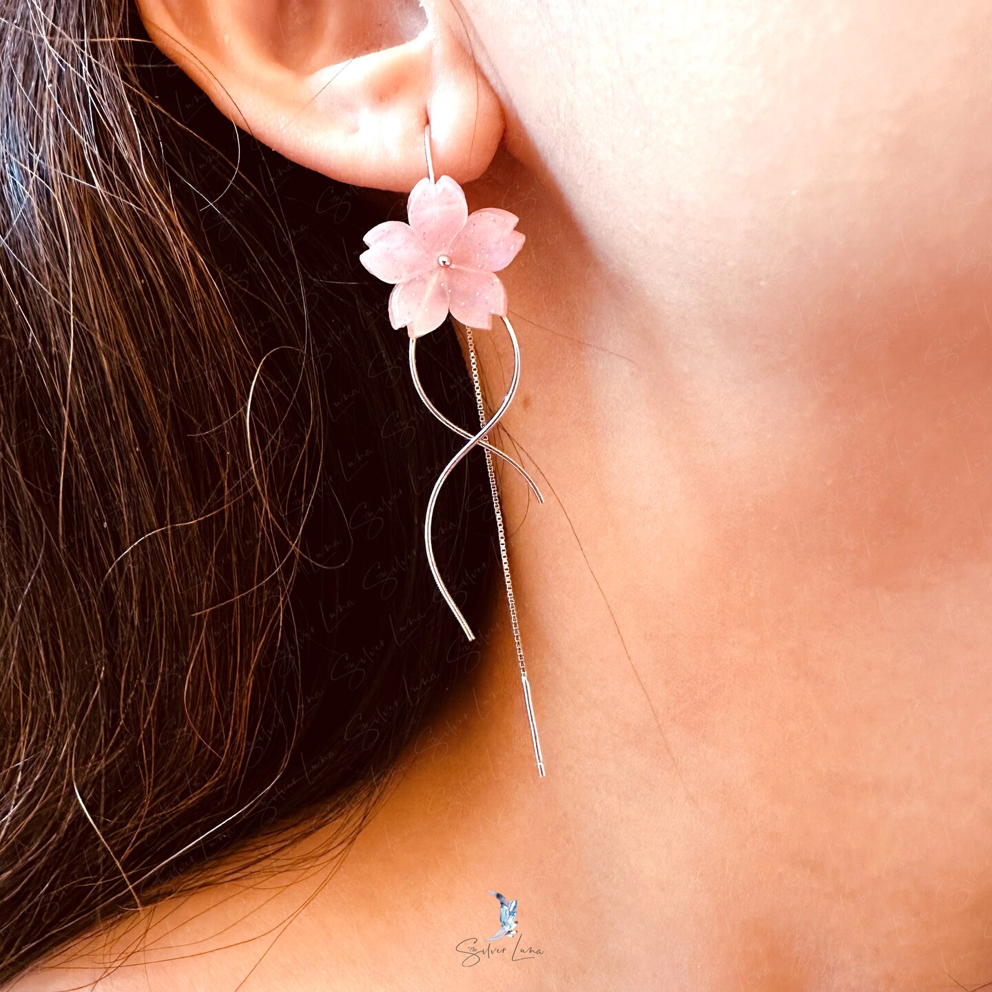 Cherry blossom flower sterling silver dangle drop earrings