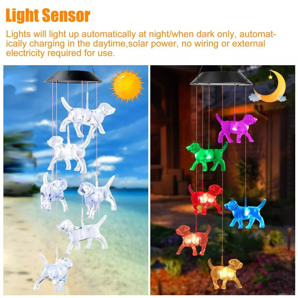 Crystal Dog Solar Wind Chimes LED Light Color-Changing Waterproof Garden Decor