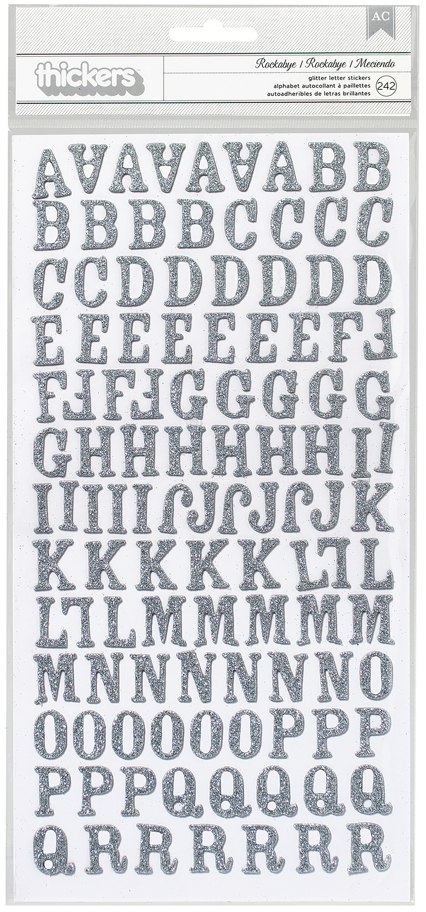 AC Chipboard Alphabet Stickers - Rockabye, Silver Glitter, 242pcs