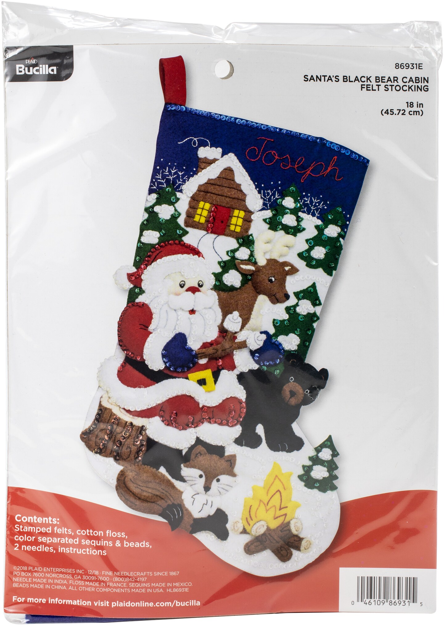 Bucilla Felt Stocking Applique Kit 18&#x22; Long-Santa&#x27;s Black Bear Cabin