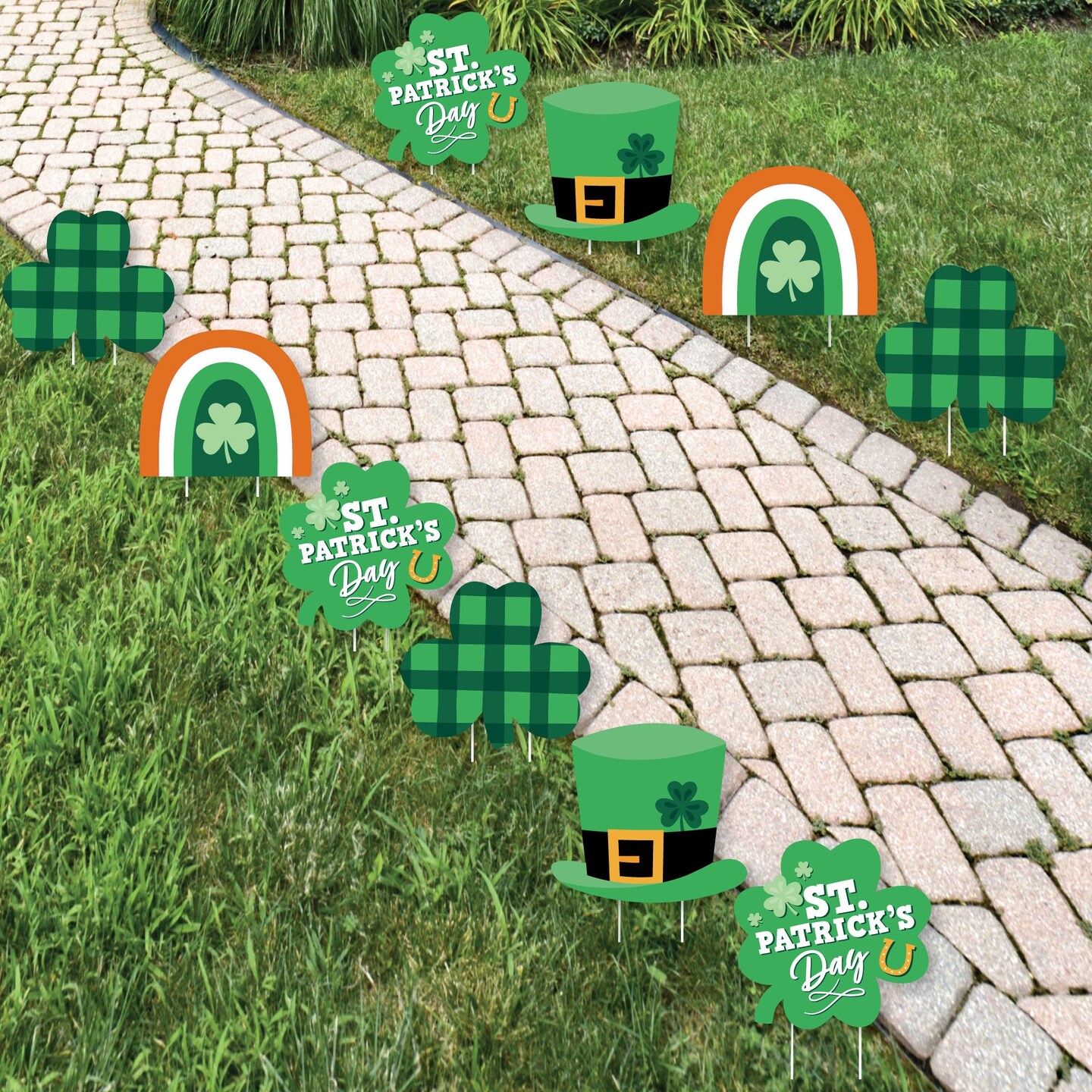 Big Dot of Happiness Shamrock St. Patrick&#x27;s Day - Hat, Rainbow Lawn Decorations - Outdoor Saint Paddy&#x27;s Day Party Yard Decorations - 10 Piece