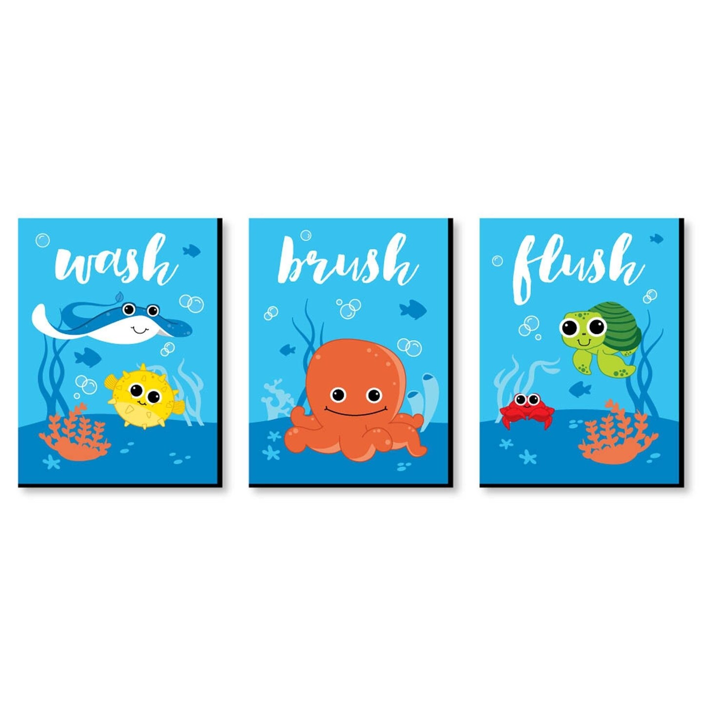 Big Dot of Happiness Under the Sea Critters - Kids Bathroom Rules Wall Art - 7.5 x 10 inches - Set of 3 Signs - Wash, Brush, Flush