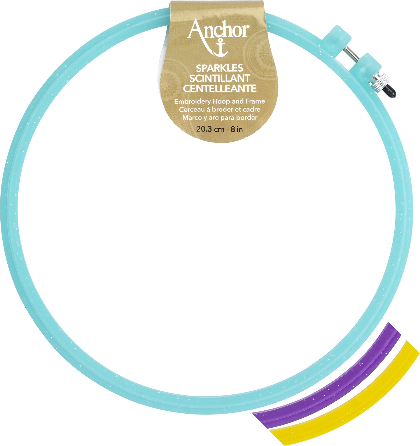 Anchor Sparkle Plastic Embroidery Hoop Assorted Colors 8 Diameter Blue, Purple or Yellow