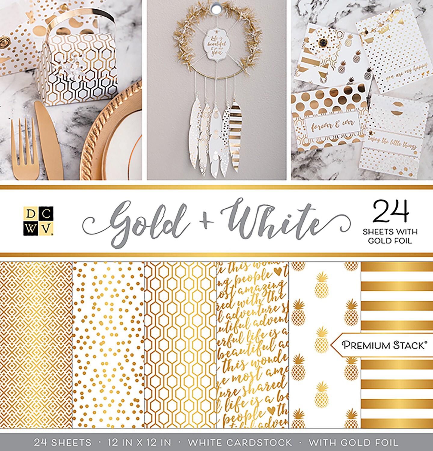 DCWV Single-Sided Cardstock Stack 12&#x22;X12&#x22; 24/Pkg-Gold &#x26; White, 12 Des/2 Each, Half W/Foil