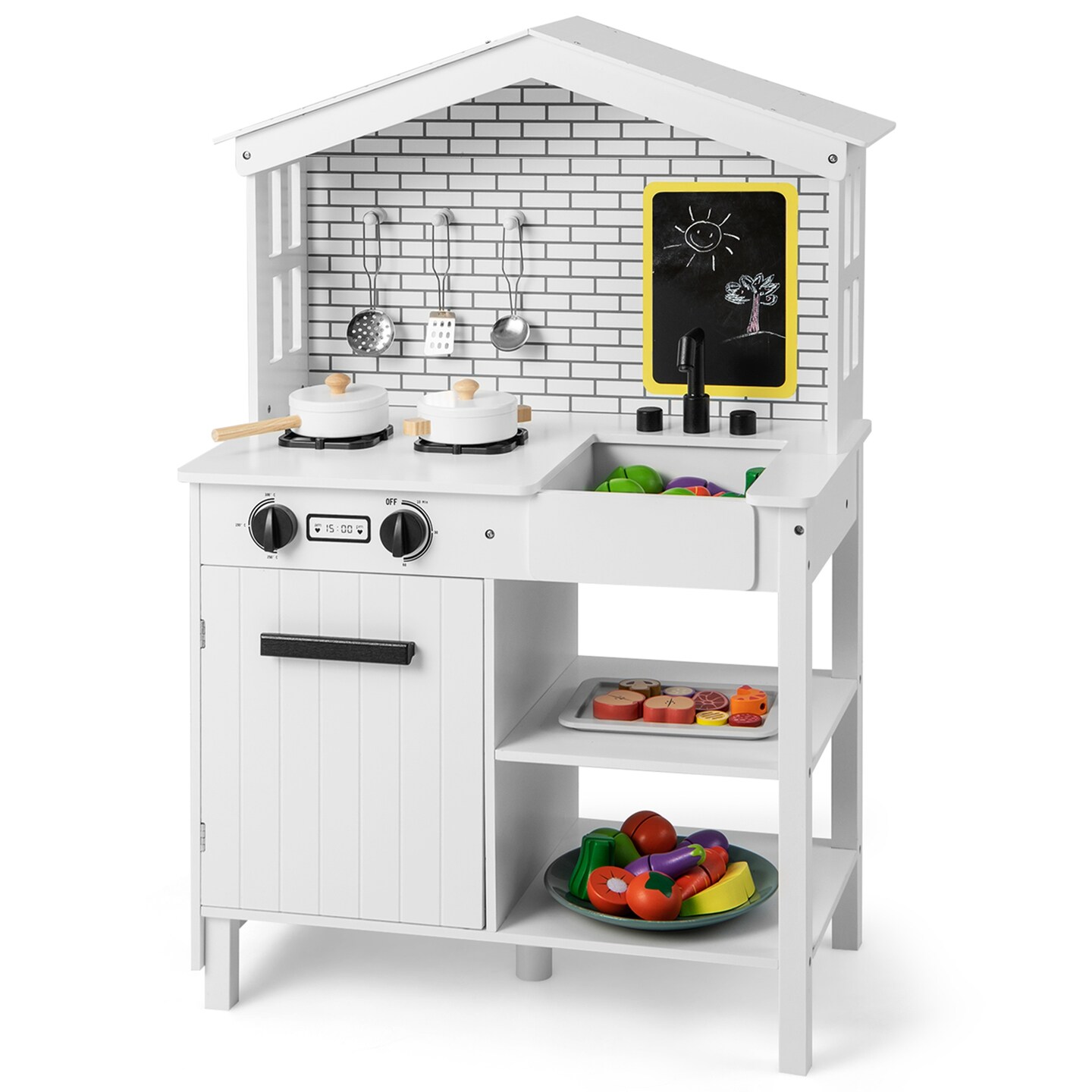 Costway Kids Farmhouse Kitchen Play Set Wooden Pretend Toy with Storage & Accessories