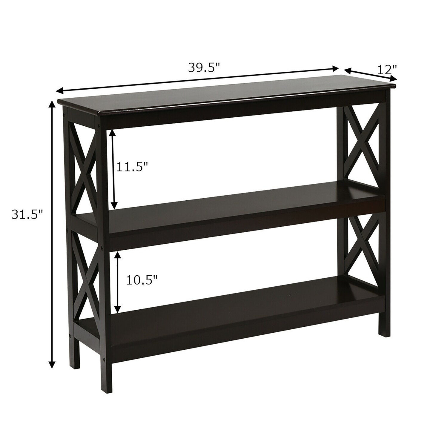 Costway 3-Tier Console Table x-Design Bookshelf Sofa Side Accent Table w/Shelf Espresso\Black