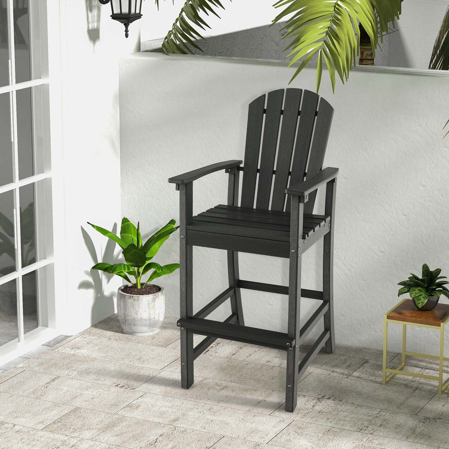 Costway Outdoor HDPE Bar Height Stool Patio Tall Chair Armrest Footrest All Weather Navy/Turquoise/Grey/Black