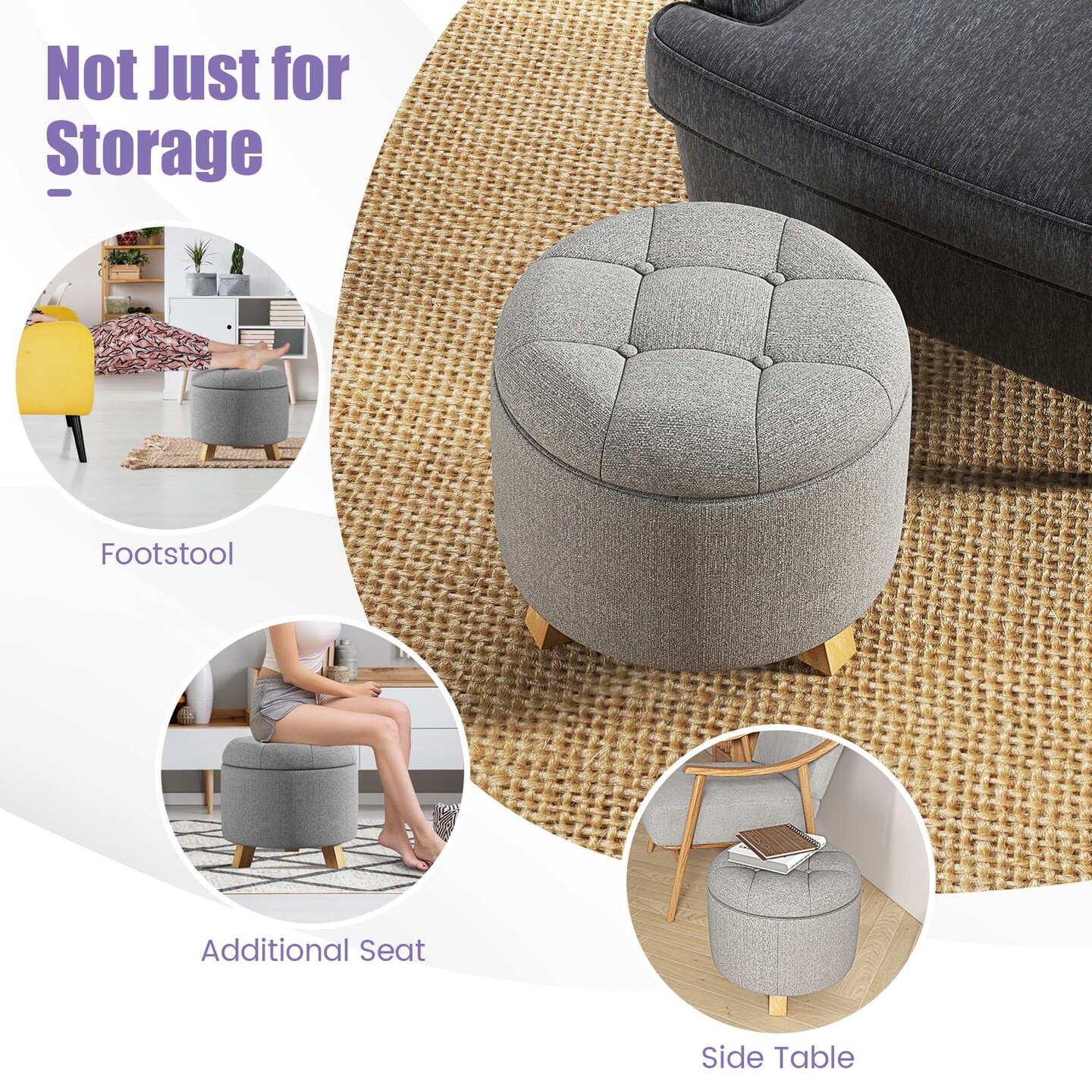 Costway Upholstered Round Ottoman Cushioned Storage Footstool with Solid Rubber Feet Grey